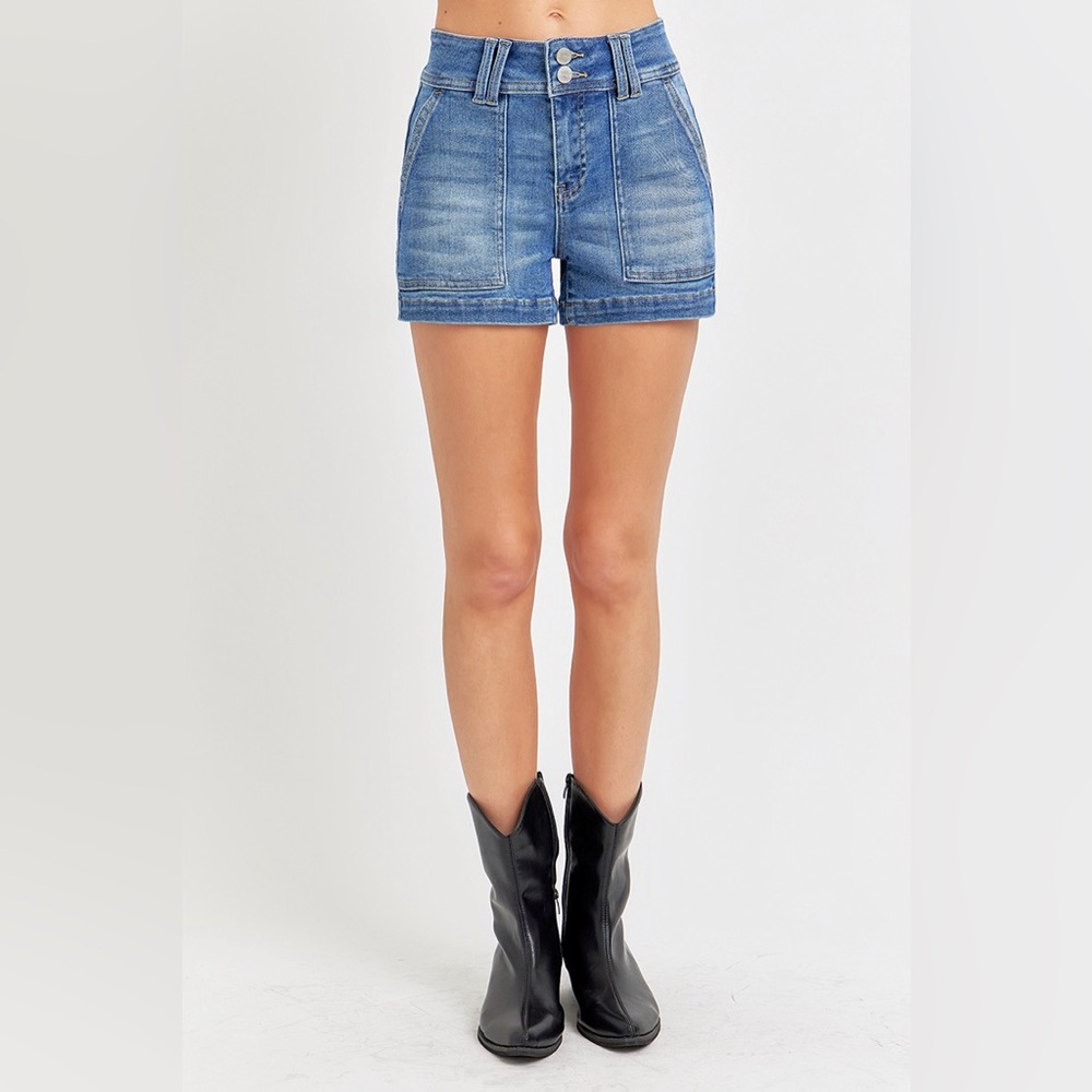 RISEN High Rise Patched Front Pocket Jean Shorts